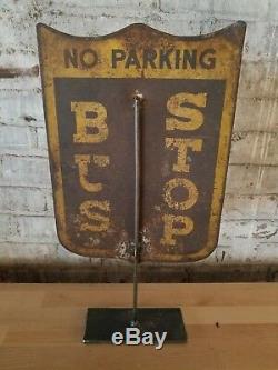 Antique Bus Stop Sign Double Sided Original Collectible Boston MA Transportation