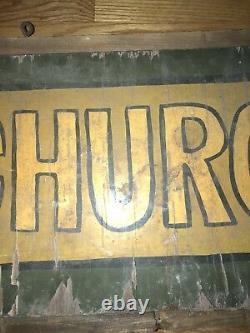 Antique C 1920s Hand Painted Double Sided Wood Sign Green & Yellow CHURCH HOLLOW