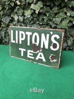 Antique Double Sided Liptons Tea Enamel Advertising Sign 15 X 9