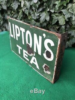 Antique Double Sided Liptons Tea Enamel Advertising Sign 15 X 9