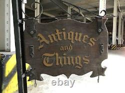 Antique Original Antiques & Things Double-Sided Wood & Metal Store Sign + Light