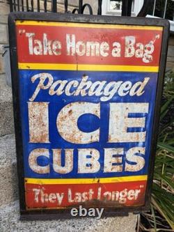 Antique Original Curb Sign Metal Tin Ice Cubes Curb Stand 2x Sided Trade Sign