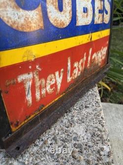 Antique Original Curb Sign Metal Tin Ice Cubes Curb Stand 2x Sided Trade Sign