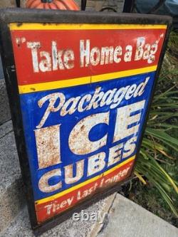 Antique Original Curb Sign Metal Tin Ice Cubes Curb Stand 2x Sided Trade Sign