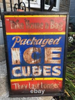 Antique Original Curb Sign Metal Tin Ice Cubes Curb Stand 2x Sided Trade Sign