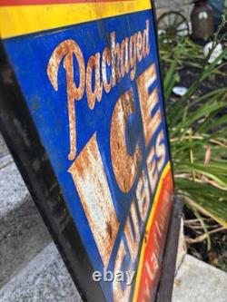 Antique Original Curb Sign Metal Tin Ice Cubes Curb Stand 2x Sided Trade Sign