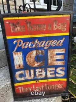 Antique Original Curb Sign Metal Tin Ice Cubes Curb Stand 2x Sided Trade Sign