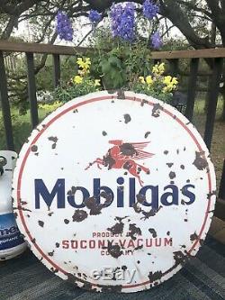 Antique Porcelain 30 Round Mobilgas Oil Advertising Sign Pegasus double sided