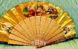 Antique Victorian French Double Sided, Hand Painted, Signed Hand Fan