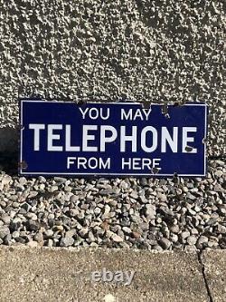 Antique Vintage Enamel Sign YOU MAY TELEPHONE FROM HERE Double Sided