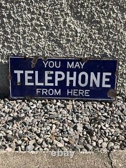 Antique Vintage Enamel Sign YOU MAY TELEPHONE FROM HERE Double Sided