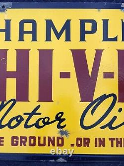 Authentic Vintage 1930's Champlin HI-V-I Motor Oil Double-Sided Porcelain Sign