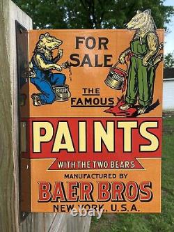 Baer Bros. Paints Two Bears New York USA Double Sided Flange Porcelain Sign Barn