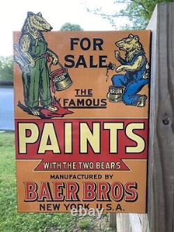 Baer Bros. Paints Two Bears New York USA Double Sided Flange Porcelain Sign Barn