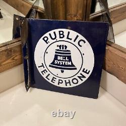 Bell System Public Telephone Porcelain Double Sided Flange Sign 11x11