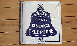 C1900 1921 Bell System Double Sided Flanged Cobalt Blue Porcelain Sign Rare