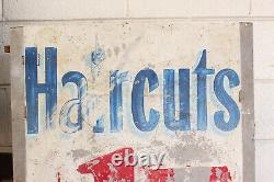 C. 1950s Vtg Hair Dresser Cut Barber Double Sided Advertising Metal Sign Trade