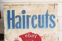 C. 1950s Vtg Hair Dresser Cut Barber Double Sided Advertising Metal Sign Trade