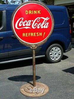 Coca Cola Lollipop Porcelain Double Sided Sign With Base. 1946. Gorgeous