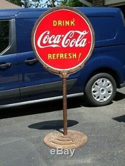 Coca Cola Lollipop Porcelain Double Sided Sign With Base. 1946. Gorgeous