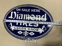 DIAMOND TIRES HEAVY DOUBLE SIDED PORCELAIN SIGN, (22x 16) NEAR MINT