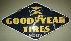Double Sided OLD Porcelain Sign GOODYEAR TIRES 1947. Bright Blue & Gold