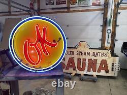 Double sided neon OK porcelain sign