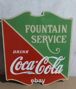 Drink Coca Cola Fountain Service Porcelain Enamel Sign 26 x 22.5 Inches 2 Sided