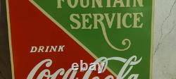 Drink Coca Cola Fountain Service Porcelain Enamel Sign 26 x 22.5 Inches 2 Sided