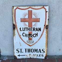 Early Double-Sided Lutheran Church St. Thomas 5 Miles Arrow Porcelain Sign