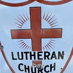 Early Double-Sided Lutheran Church St. Thomas 5 Miles Arrow Porcelain Sign