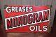 Early Rare 1920s Monogram Greases Oils Double Sided Porcelain Flange Sign