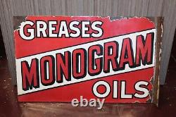 Early Rare 1920S Monogram Greases Oils Double Sided Porcelain Flange Sign