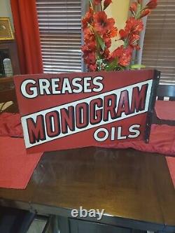 Early Rare 1920S Monogram Greases Oils Double Sided Porcelain Flange Sign