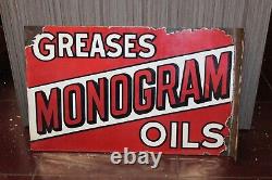 Early Rare 1920S Monogram Greases Oils Double Sided Porcelain Flange Sign