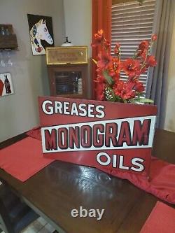 Early Rare 1920S Monogram Greases Oils Double Sided Porcelain Flange Sign