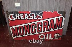 Early Rare 1920S Monogram Greases Oils Double Sided Porcelain Flange Sign