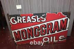 Early Rare 1920S Monogram Greases Oils Double Sided Porcelain Flange Sign