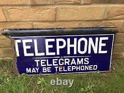 Early Vintage TELEPHONE Enamel Sign Double Sided with Hanging Flange/Bar