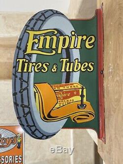 Flanged Vintage''empire & Tubes Tires'' Porcelain Sign Double Sided 24x16'