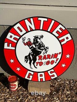 Fronttier Gasoline Large, Heavy Double Sided Porcelain Sign, (24 Inch) Mint