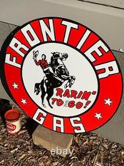 Fronttier Gasoline Large, Heavy Double Sided Porcelain Sign, (24 Inch) Mint