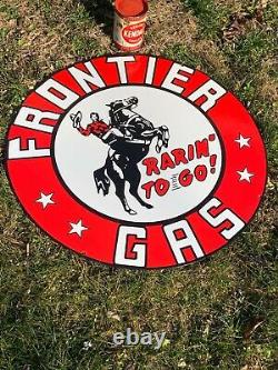 Fronttier Gasoline Large, Heavy Double Sided Porcelain Sign, (24 Inch) Mint