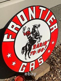 Fronttier Gasoline Large, Heavy Double Sided Porcelain Sign, (24 Inch) Mint