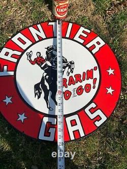 Fronttier Gasoline Large, Heavy Double Sided Porcelain Sign, (24 Inch) Mint