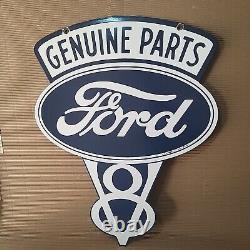 Genuine Ford Parts V8 Enamel Advertising Double Side Sign 35.5 x 28 Inches