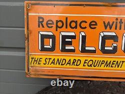 Giant Double-sided Vintage 1949 Delco Battery Porcelain Metal Sign