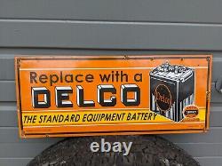 Giant Double-sided Vintage 1949 Delco Battery Porcelain Metal Sign