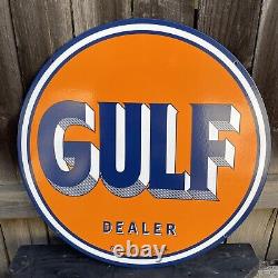 Gulf Gasoline Large & Heavy Double Sided Metal Porcelain Sign (24 Dia)