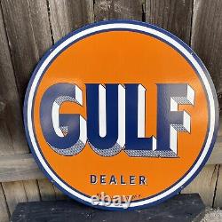 Gulf Gasoline Large & Heavy Double Sided Metal Porcelain Sign (24 Dia)
